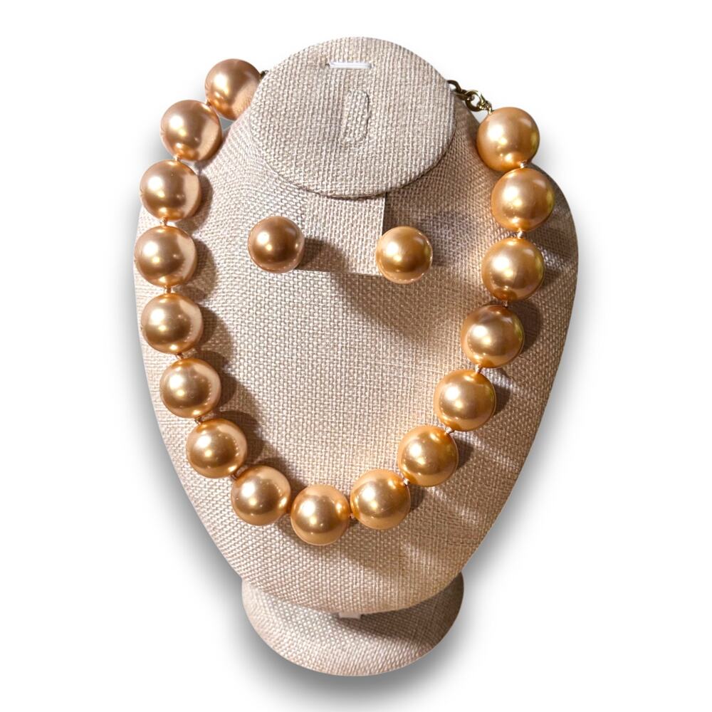 Vintage Mid Century Oversized Champagne Faux Pearl Necklace and Earring Set 19"